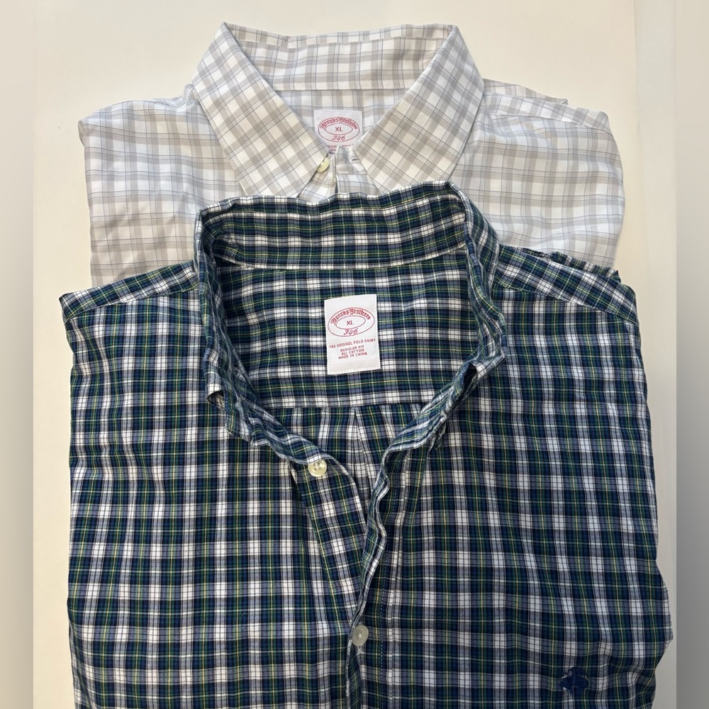 x2 Brooks Brothers White Blue Green Check button down 346 polo shirt XL cotton